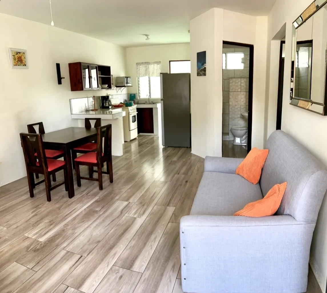 Dining table with the kitchen behind